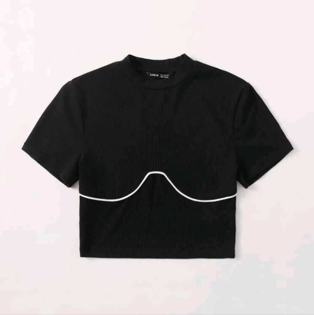 Black Ribbed Contrast Trim Crop Top 1X